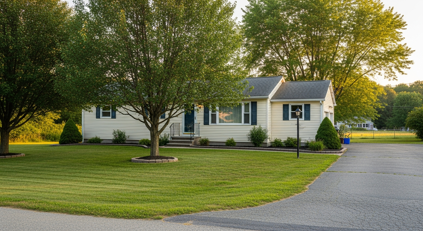 A clean Modern Septics truck parked on the lawn of a Western Massachusetts home, with grass in pristine condition.
